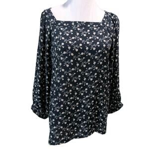 LOFT Women's Size XS Navy Blue Ditsy Floral Square Neckline Blouse Shirt Boho